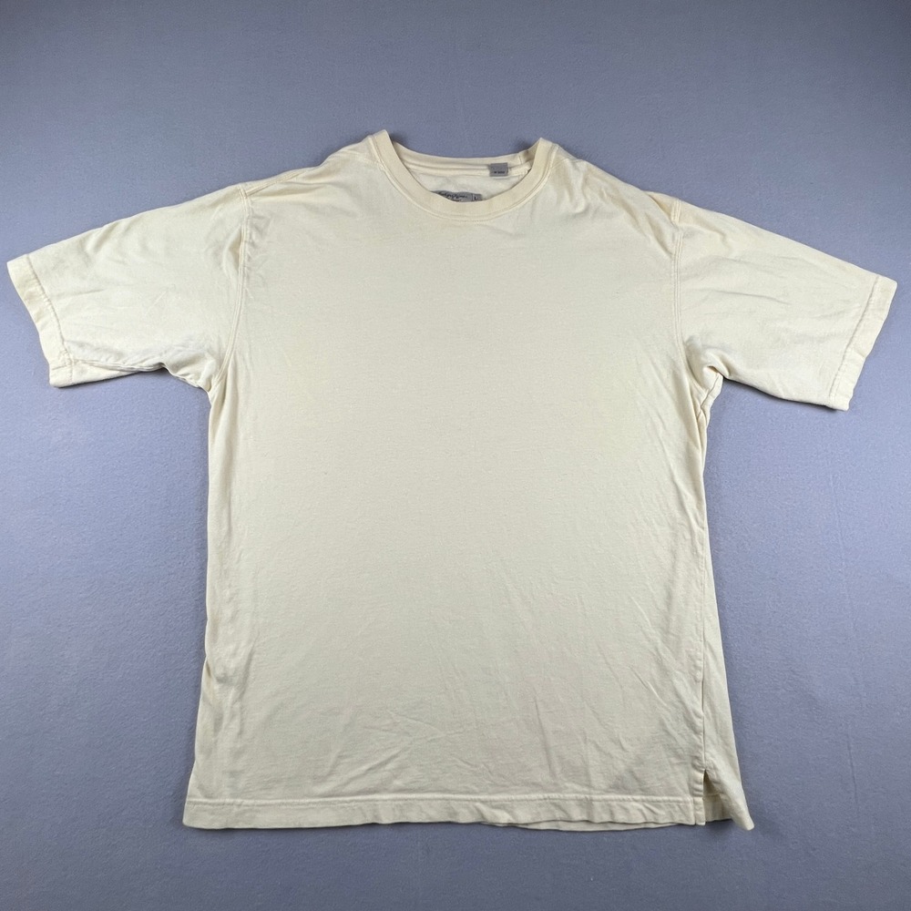 Indigo Palms T-Shirt Mens Large Cream Cotton Crewneck Split Hem Casual Tee